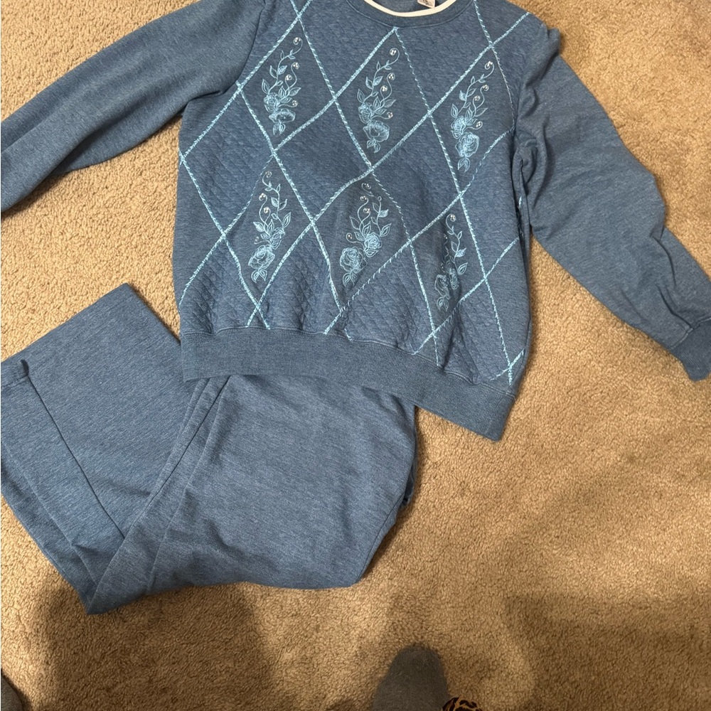 Alfred Dunner Blue Embroidered Sweater and Pants Set